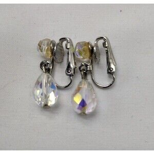 Aurora Chrystal Teardrop Earrings Silver Tone Clip On Vintage MCM Mid Century